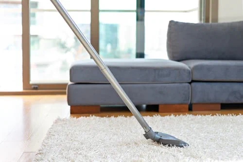 Professional house cleaning in a modern New Jersey living room, vacuuming a plush rug beside a grey sofa